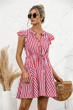 Load image into Gallery viewer, Striped V Neck Buttoned Dress