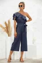 Load image into Gallery viewer, Asymmetric Neck Ruffle Trim Striped Jumpsuit