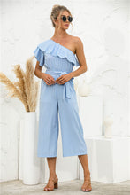 Load image into Gallery viewer, Asymmetric Neck Ruffle Trim Striped Jumpsuit