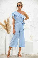 Load image into Gallery viewer, Asymmetric Neck Ruffle Trim Striped Jumpsuit