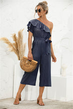 Load image into Gallery viewer, Asymmetric Neck Ruffle Trim Striped Jumpsuit