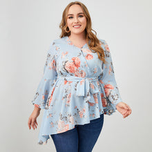 Load image into Gallery viewer, Plus Size Floral Asymmetrical Hem Tie-Waist Blouse