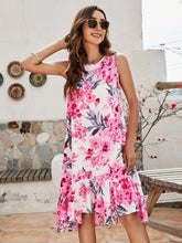 Load image into Gallery viewer, Floral Round Neck Sleeveless Ruffle Hem Dress