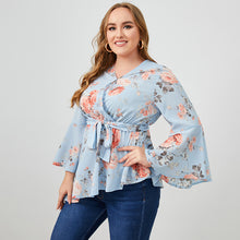 Load image into Gallery viewer, Plus Size Floral Asymmetrical Hem Tie-Waist Blouse