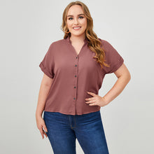 Load image into Gallery viewer, Plus Size Button Down Notched Neck Rolled Short Sleeve Shirt