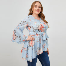 Load image into Gallery viewer, Plus Size Floral Asymmetrical Hem Tie-Waist Blouse