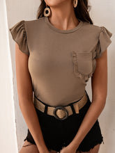 Load image into Gallery viewer, Ruffled Sleeve Round Neck Tee with Breast Pocket