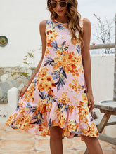 Load image into Gallery viewer, Floral Round Neck Sleeveless Ruffle Hem Dress