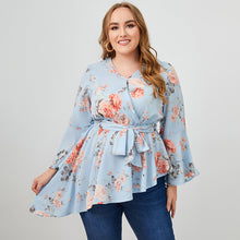 Load image into Gallery viewer, Plus Size Floral Asymmetrical Hem Tie-Waist Blouse