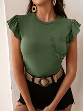 Load image into Gallery viewer, Ruffled Sleeve Round Neck Tee with Breast Pocket