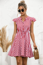 Load image into Gallery viewer, Striped V Neck Buttoned Dress