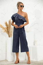 Load image into Gallery viewer, Asymmetric Neck Ruffle Trim Striped Jumpsuit