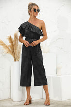 Load image into Gallery viewer, Asymmetric Neck Ruffle Trim Striped Jumpsuit