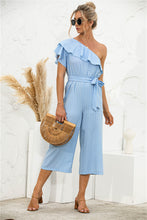 Load image into Gallery viewer, Asymmetric Neck Ruffle Trim Striped Jumpsuit

