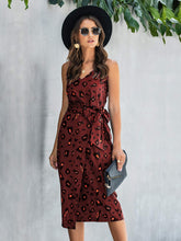 Load image into Gallery viewer, Printed Spaghetti Strap V-Neck Belted Dress
