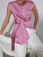 Load image into Gallery viewer, Tie Front Asymmetrical Hem Satin Top
