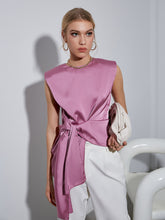 Load image into Gallery viewer, Tie Front Asymmetrical Hem Satin Top
