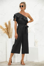Load image into Gallery viewer, Asymmetric Neck Ruffle Trim Striped Jumpsuit
