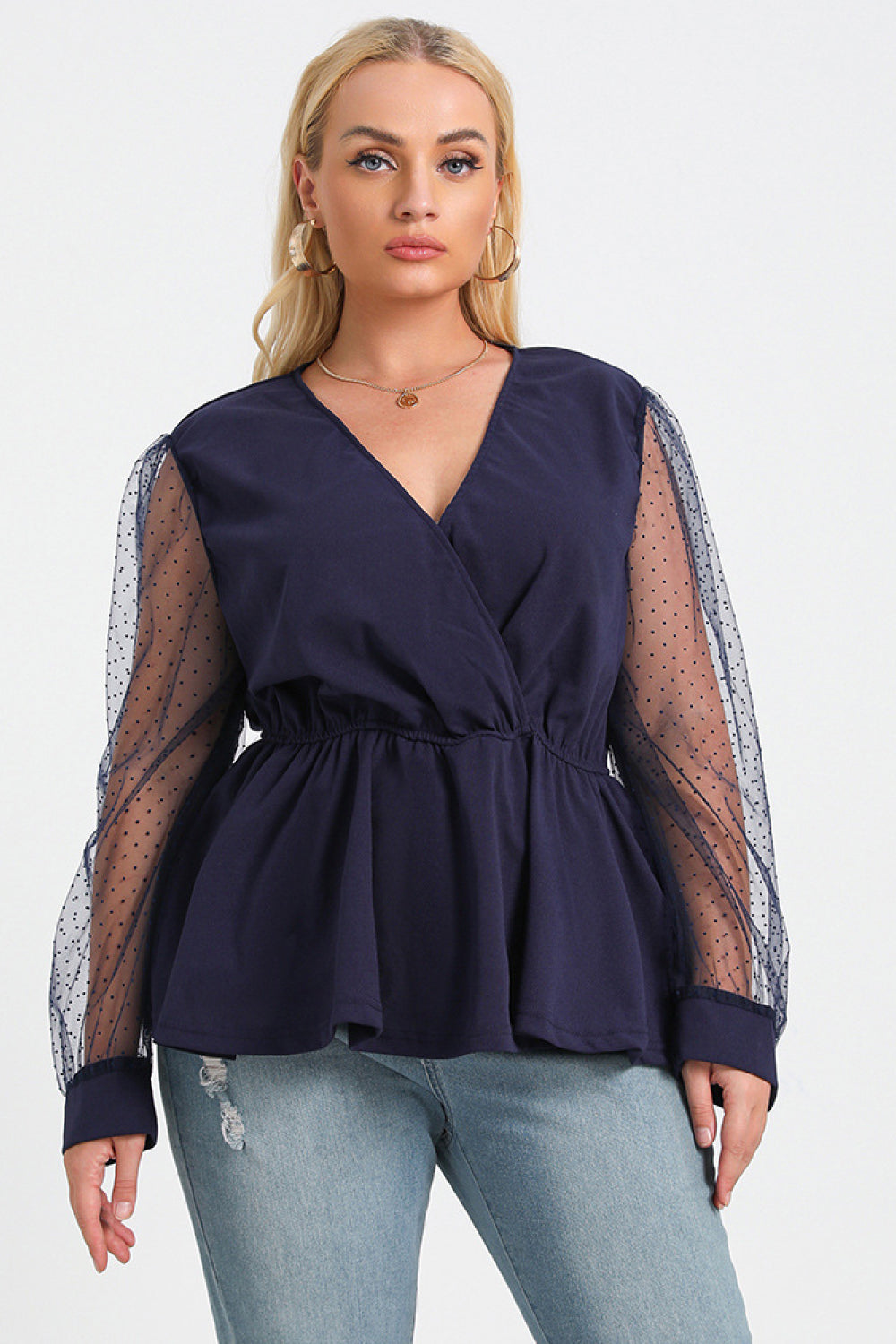 Plus Size Polka Dot Mesh Sleeve Peplum Top