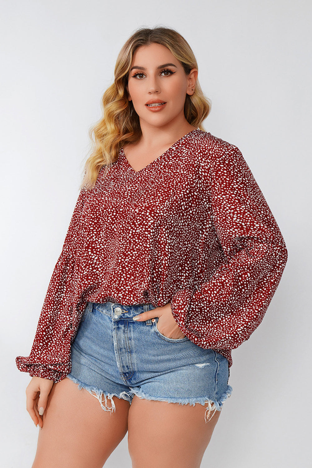 Plus Size V-Neck Balloon Sleeve Top