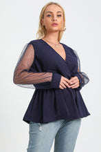 Load image into Gallery viewer, Plus Size Polka Dot Mesh Sleeve Peplum Top
