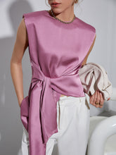 Load image into Gallery viewer, Tie Front Asymmetrical Hem Satin Top
