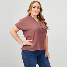 Load image into Gallery viewer, Plus Size Button Down Notched Neck Rolled Short Sleeve Shirt
