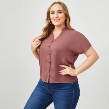 Load image into Gallery viewer, Plus Size Button Down Notched Neck Rolled Short Sleeve Shirt

