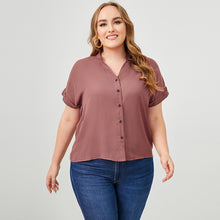 Load image into Gallery viewer, Plus Size Button Down Notched Neck Rolled Short Sleeve Shirt
