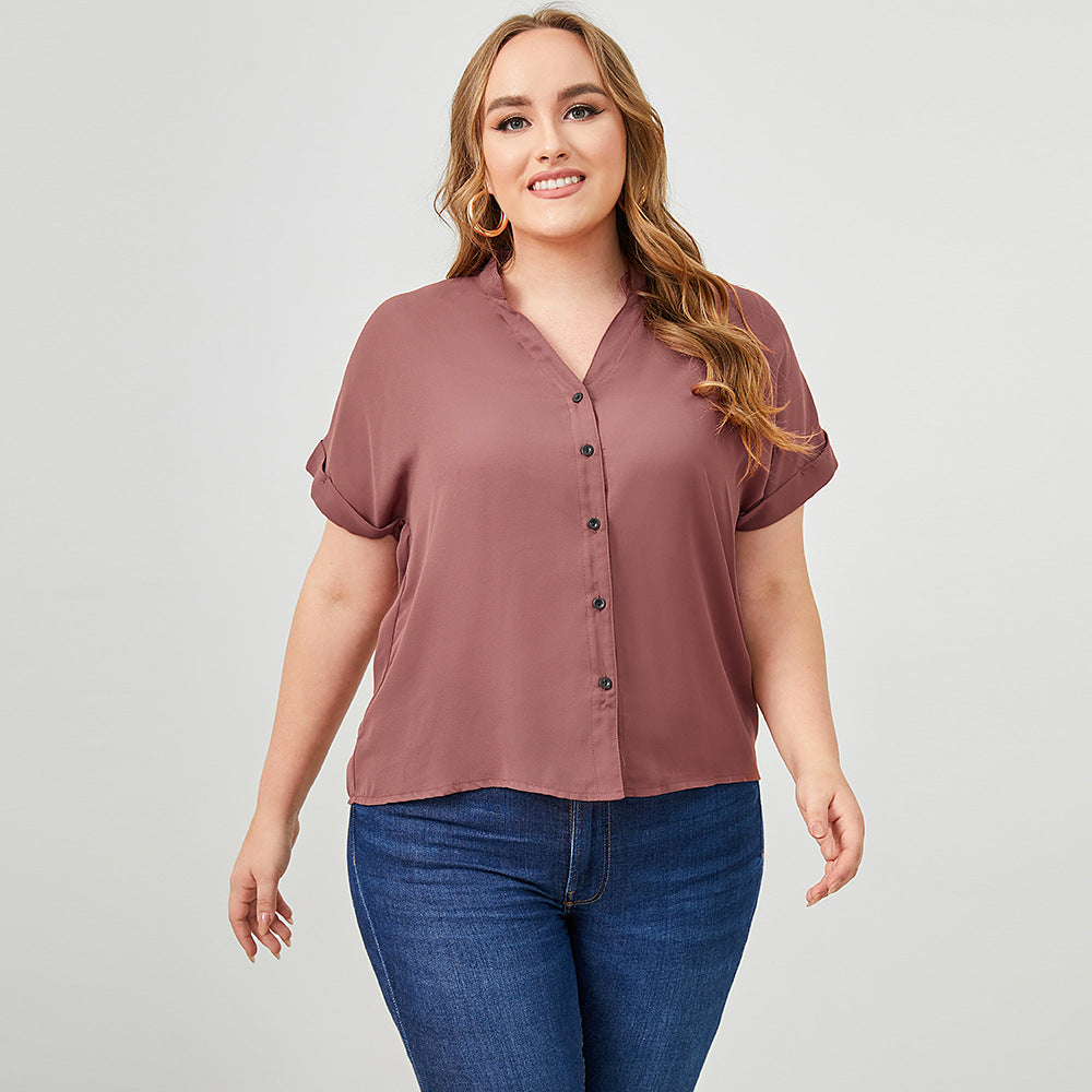 Plus Size Button Down Notched Neck Rolled Short Sleeve Shirt