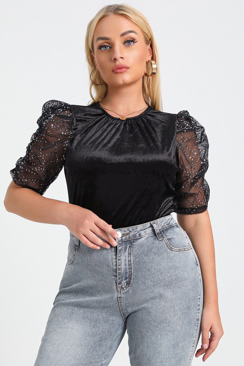 Plus Size Mesh Puff Sleeve Top