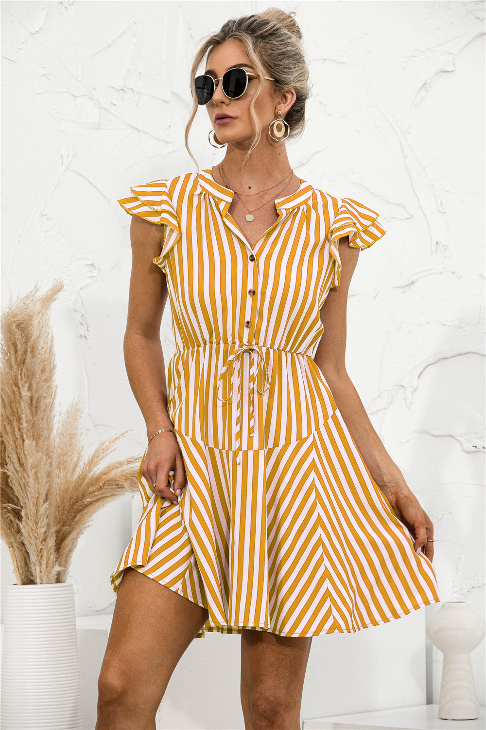 Striped V Neck Buttoned Dress